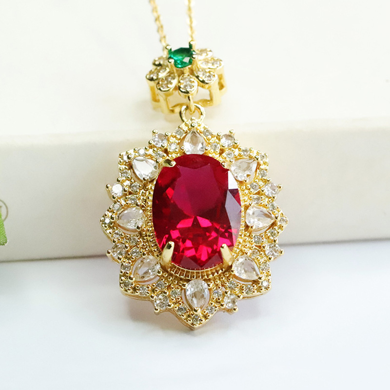 Vintage Fashion Center - จี้คอรันดัมสีแดง สร้อยคอพลอยทับทิมทรงวินเทจสำหรับผู้หญิง