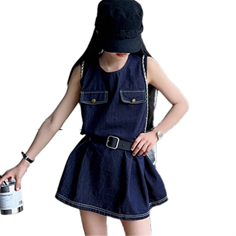 Vintage Fashion Outfit - สไตล์เด็กแฟชั่น DENIM ชุดบอดี้สูทสําหรับสาววินเทจสีน้ําเงินเข้มกางเกงยีนส์กระโปรงเข็มขัดเด็กอินเทรนด์ Streetwear ชุด 5-14Y