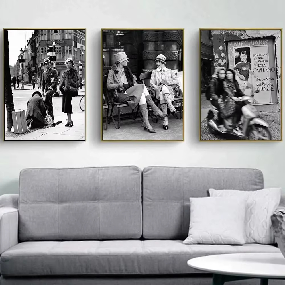 Vintage Fashion In Paris - แฟชั่นสีดำและสีขาววินเทจภาพพิมพ์การถ่ายภาพอิตาลีปารีสสตรีทโปสเตอร์ศิลปะบนผนังภาพผ้าใบตกแต่งห้องนั่งเล่น