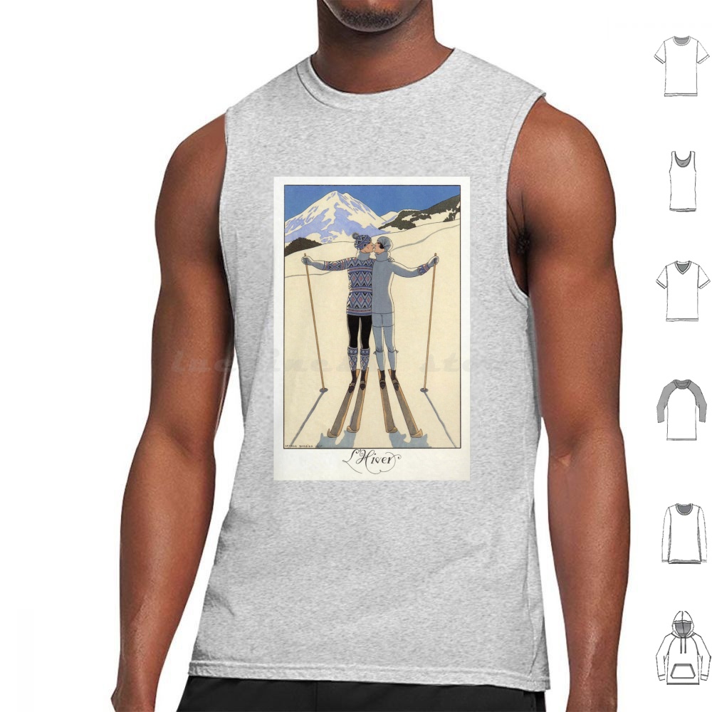 Vintage Fashion Illustration - เสื้อกล้ามพิมพ์ลายสกี คู่รักจูบกัน สไตล์วินเทจ แฟชั่นกีฬาฝรั่งเศส ผ้าฝ้าย สำหรับเล่นสกี