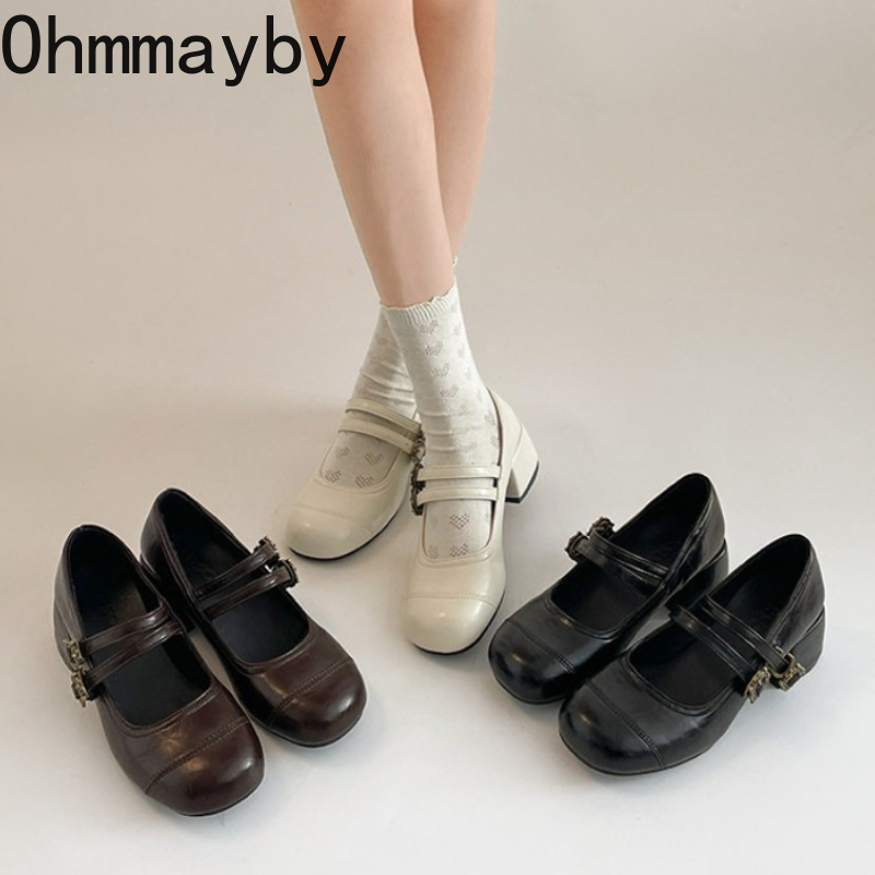 Vintage Fashion Women Dresses - รองเท้าส้นหนาสไตล์วินเทจแบบแมรี่เจนสำหรับผู้หญิง แฟชั่นสายรัดหัวเข็มขัดโลหะ รองเท้าส้นสูงสำหรับผู้หญิง สวมใส่กลางแจ้ง ดูสง่างาม รุ่นใหม่