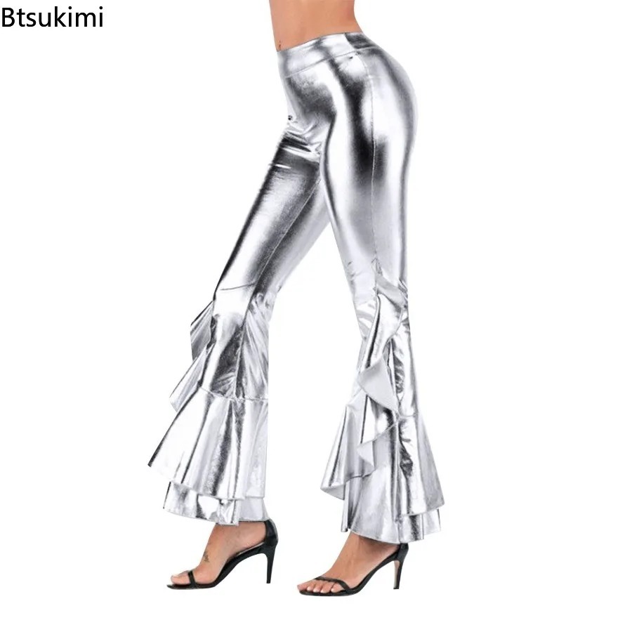 Wide Leg Trouser 70S - กางเกงขาบานผู้หญิงแบบมันเงา แต่งระบาย ขอบขาบาน กางเกงขากว้างสไตล์เรโทรยุค 70 สำหรับงานดิสโก้