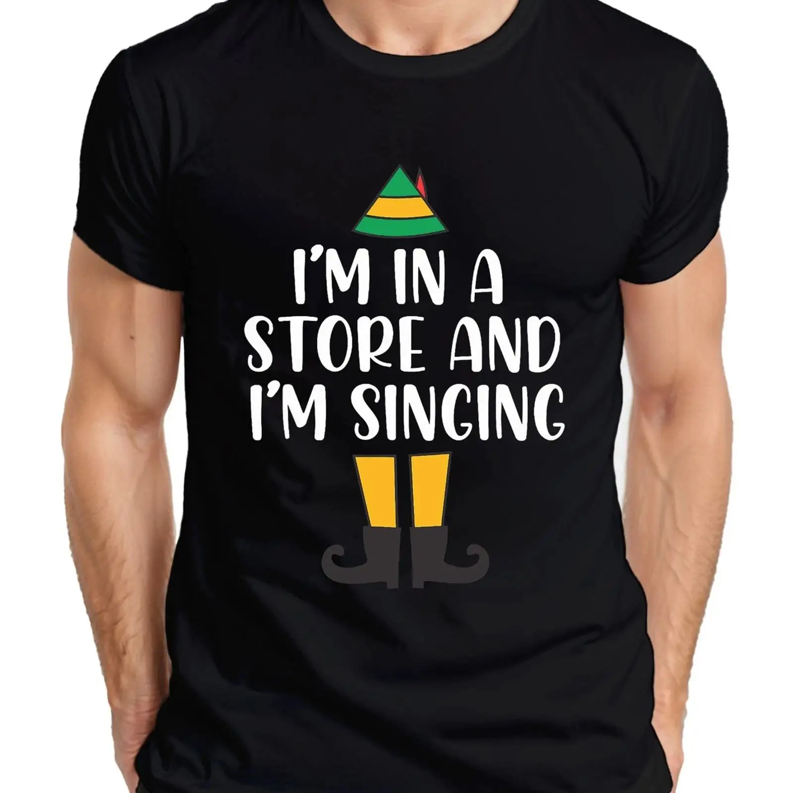 Vintage Fashion Store - ฉันอยู่ในร้านค้าและกำลังร้องเพลง คริสต์มาสเอลฟ์ ฟันนี่ เม็นส์ ทีเชิ้ต วินเทจ