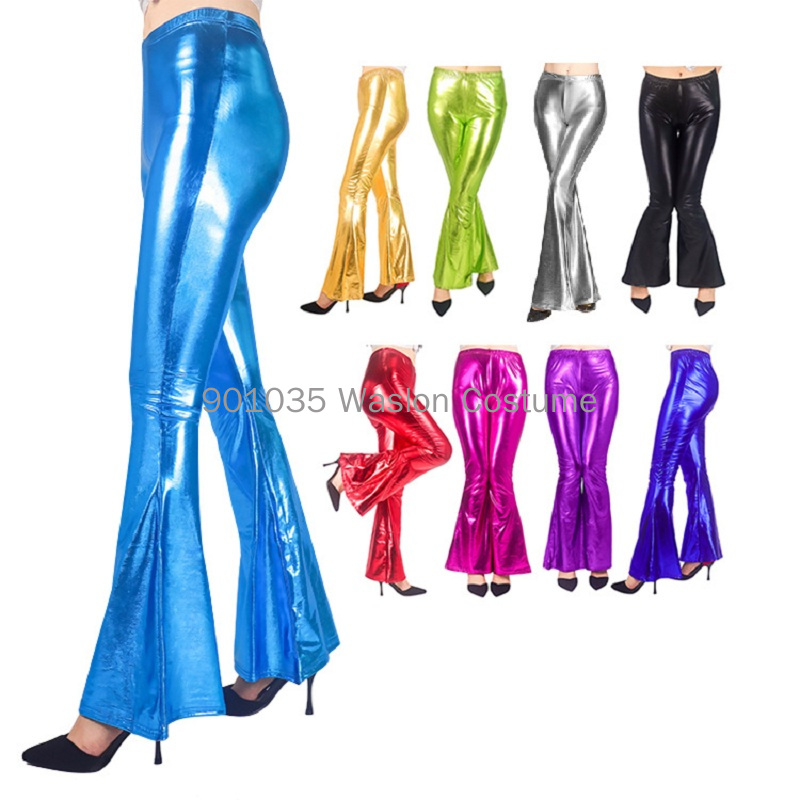 Wide Leg Trouser 70S - ผู้หญิงเงา Flare กางเกงเลเซอร์ METALLIC Wetlook Ruffle