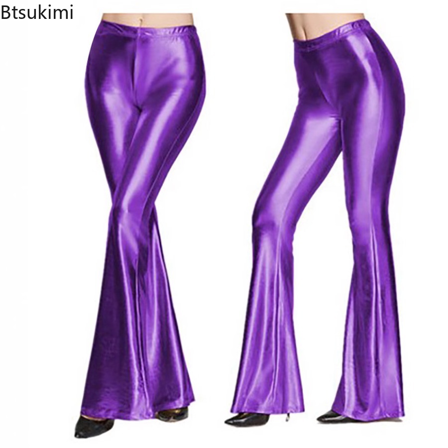 Wide Leg Trouser 70S - กางเกงขาบานเงาสำหรับผู้หญิง กางเกงหนังเทียมแฟชั่น ทรงขากว้าง สไตล์เรโทรยุค 70s ดิสโก้