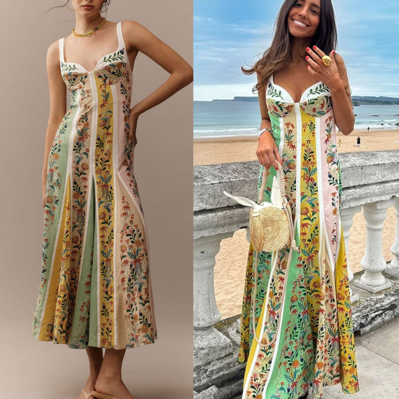 Vintage Fashion Women Dresses - แฟชั่นผู้หญิงที่สง่างามแขนกุดชุดเดรสลำลองคอวีลึกแม็กซี่เดรสฤดูร้อนเอวสูงพิมพ์ลายเดรส เวสติโดส