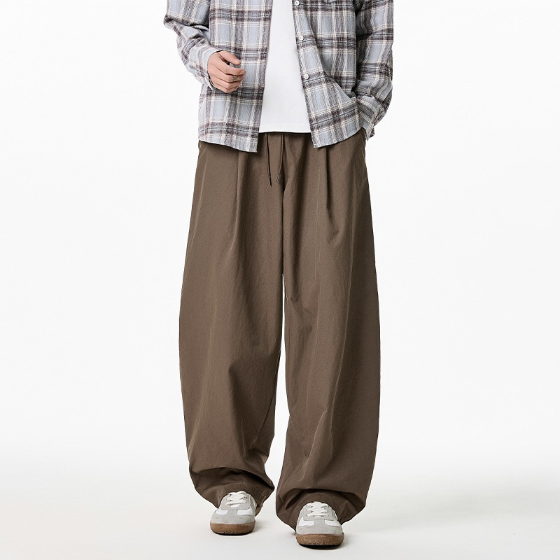 Wide Leg Trouser 70S - กางเกงขายาวลำลองผู้ชายทรงหลวมขาบาน สไตล์วินเทจ สตรีทแวร์ สีพื้น มีเชือกผูกเอว สำหรับฤดูใบไม้ผลิและฤดูใบไม้ร่วง