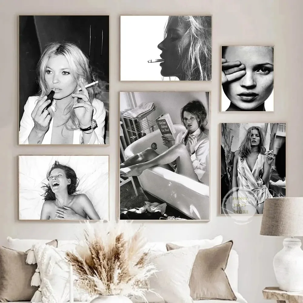 Vintage Fashion Prints For Wall - Vintage เซ็กซี่ซูเปอร์โมเดล Kate Moss โปสเตอร์สูบบุหรี่ภาพวาดผ้าใบพิมพ์ Wall
