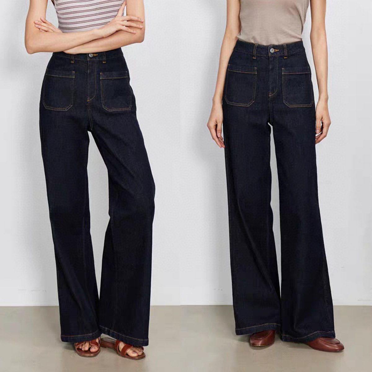 Wide Leg Trouser 70S - เอวสูงขากว้างกางเกงยีนส์สีน้ำเงินผู้หญิงกระเป๋าคู่สไตล์ย้อนยุค 70s กางเกงทรงตรงฤดูร้อน 2024 แฟชั่น