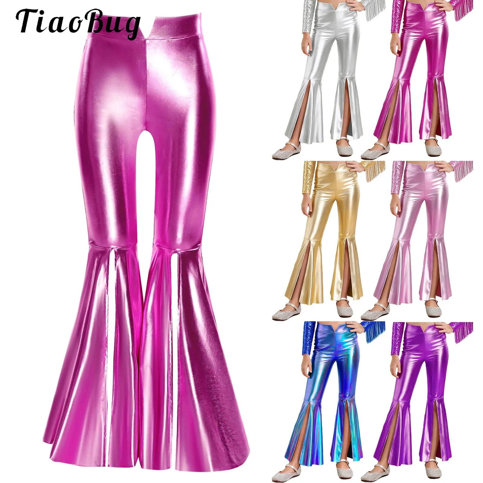 Wide Leg Trouser 70S - กางเกงเลกกิ้งเมทัลลิกเงาสำหรับเด็กผู้หญิง กางเกงขาบานทรงระฆังสีบรอนซ์ กางเกงขากว้างสำหรับฮาโลวีน ดิสโก้ยุค 70 ชุดฮิปปี้