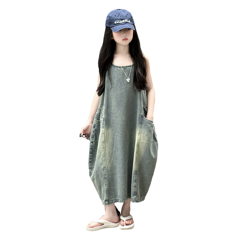 Vintage Fashion Outfit - Vintage Blue เด็กหญิงคุณภาพสูงแขนกุด Denim ชุด Streetwear