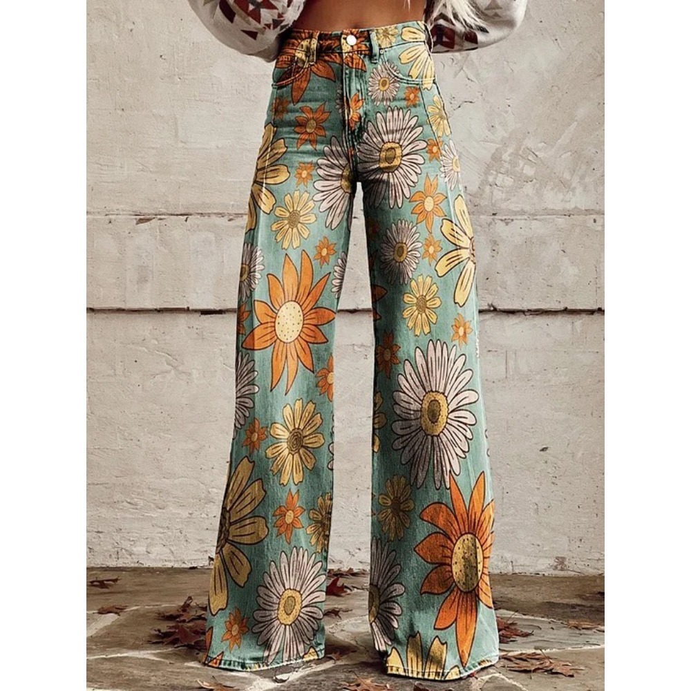 Wide Leg Trouser 70S - กางเกงขายาวเอวสูงลายดอกเดซี่สไตล์เรโทรน่ารักสำหรับผู้หญิง แนวฮิปปี้ยุค 70s สวมใส่สบาย เหมาะสำหรับวันพักผ่อน ทำจากผ้าฝ้ายเนื้อนุ่ม