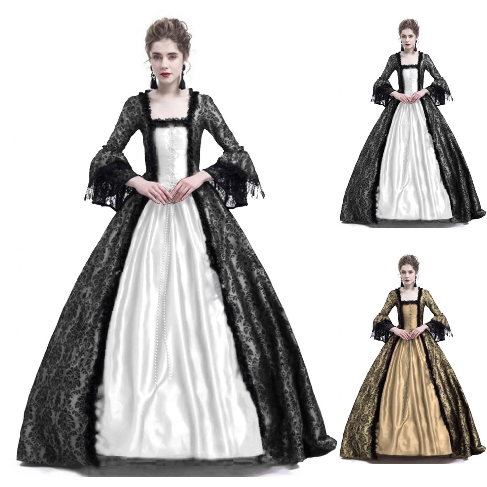 Vintage Fashion Dresses - ชุดคอสเพลย์ฮาโลวีนสำหรับผู้หญิง ชุดเดรสสไตล์ยุคกลาง แขนทรงทรัมเป็ต แต่งลูกไม้ ชุดเดรสยาวแบบวินเทจ ไซส์พลัส