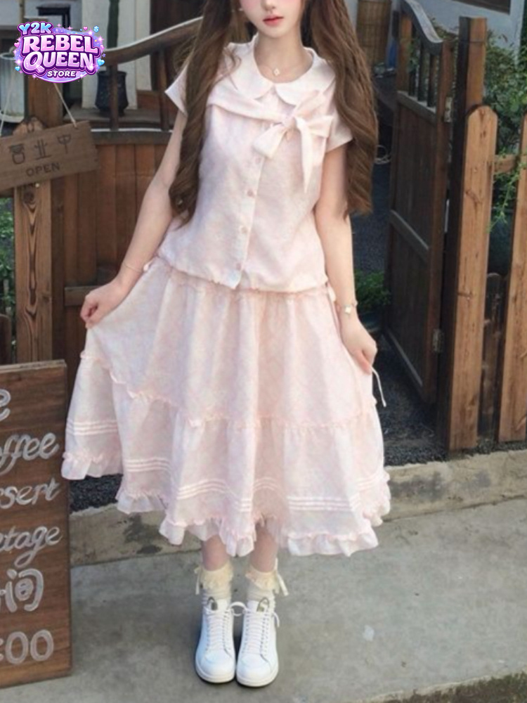 Vintage Fashion Outfit - เสื้อคอปีเตอร์แพนสไตล์วินเทจญี่ปุ่น แต่งโบว์หวานๆ + กระโปรงระบายยาวปานกลาง ชุดเซ็ต 2