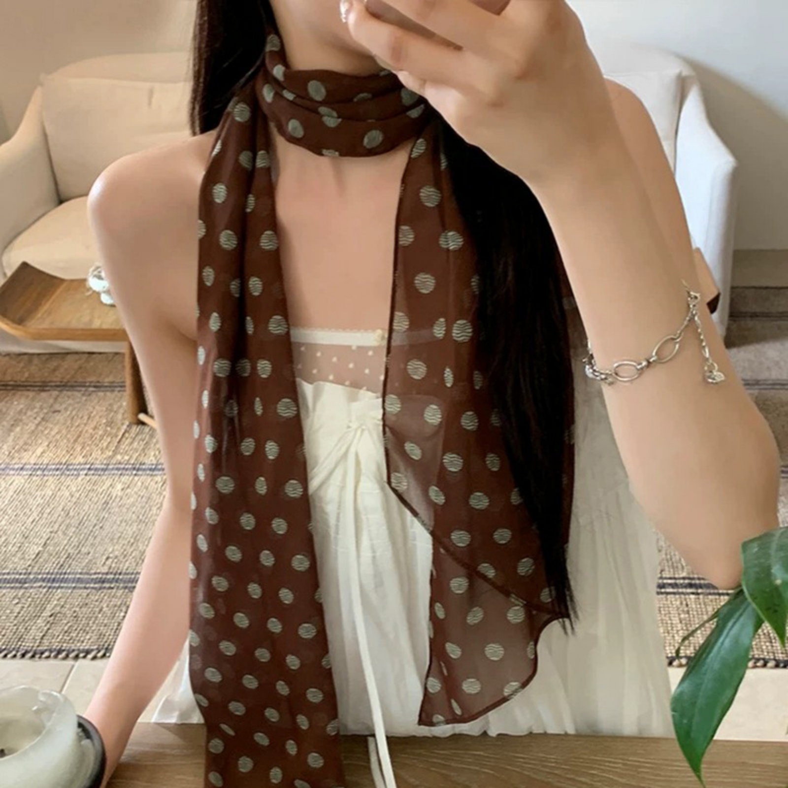 ผ้าพันคอชีฟองลายจุดสไตล์วินเทจ - Vintage Fashion Outfit บทวิจารณ์และราคา