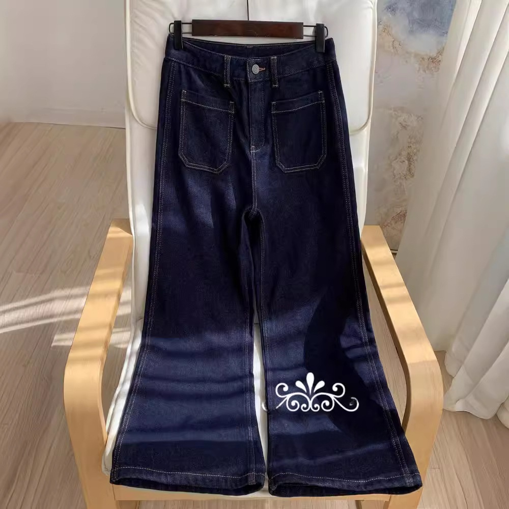 เอวสูงขากว้างกางเกงยีนส์สีน้ำเ - Wide Leg Trouser 70S บทวิจารณ์และราคา