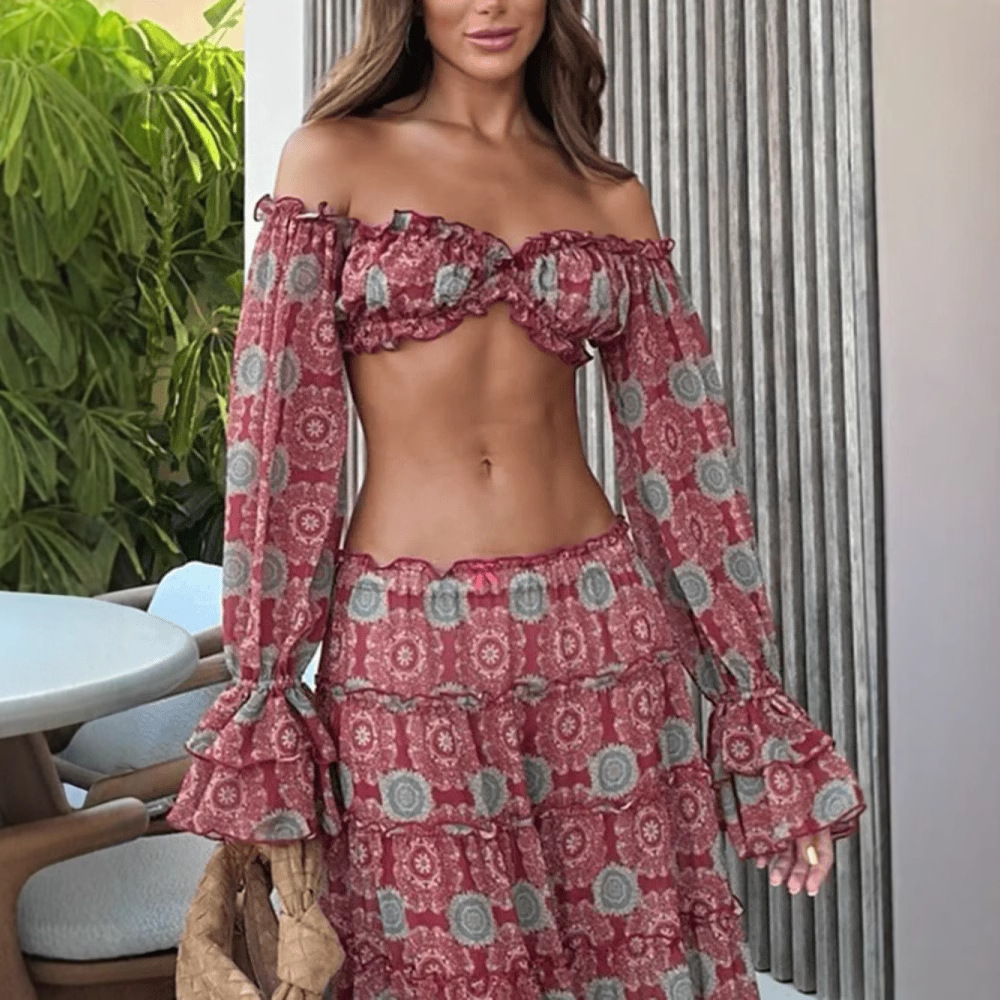 ชุดเซ็ตกระโปรงพิมพ์ลายวินเทจสอ - Vintage Fashion Outfit บทวิจารณ์และราคา