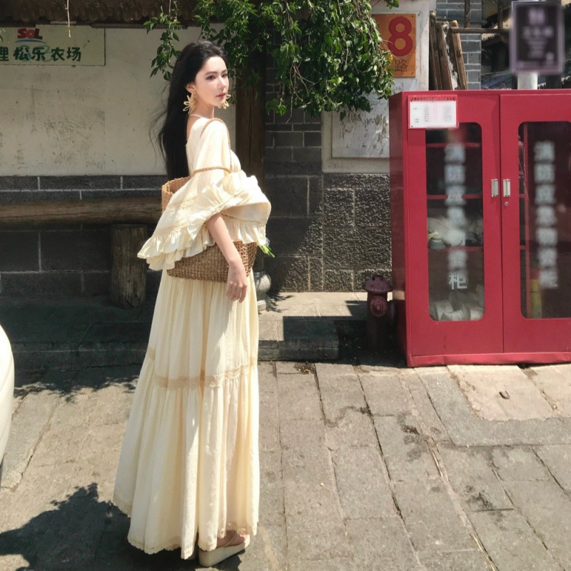 เดรสยาวทรงทรัมเป็ต คอเหลี่ยม แ - Vintage Fashion Women Dresses บทวิจารณ์และราคา