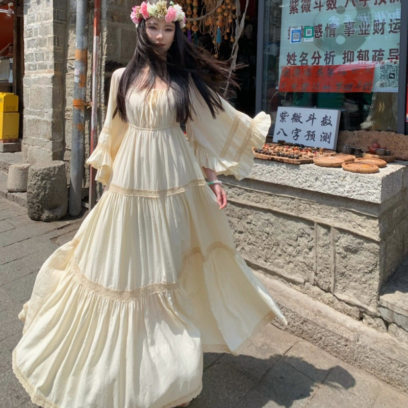 เดรสยาวทรงทรัมเป็ต คอเหลี่ยม แ - Vintage Fashion Women Dresses บทวิจารณ์และราคา
