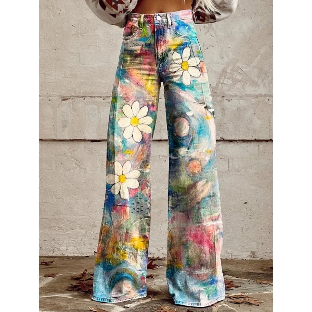 กางเกงขายาวเอวสูงลายดอกเดซี่สไ - Wide Leg Trouser 70S บทวิจารณ์และราคา